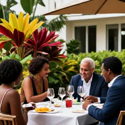 Caribbean Holidays, April Wine Tasting, Elegant outdoor wine tasting at a Caribbean hotel in Trinidad and Tobago during April, with colourful tropical plants and relaxed guests