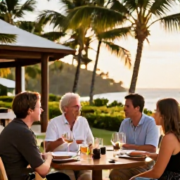 Caribbean Holidays, April Wine Tasting, Relaxed wine tasting event at a stylish resort in Trinidad, with guests chatting beneath palm trees in warm April sunshine
