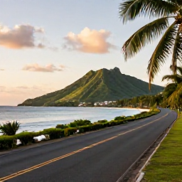 Caribbean Holidays, April Wine Tasting, Scenic Caribbean holiday scene in Tobago with a coastal road, green hills, palm trees and warm evening light