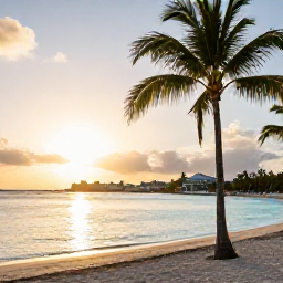 Caribbean Holidays, Aruba Adults Only, Adults-only beach resort in Aruba at sunset, with palm trees, calm turquoise sea and soft golden light