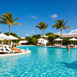 Caribbean Holidays, Aruba Adults Only, Adults relaxing beside a bright turquoise Caribbean pool at an Aruba resort, palm trees and sunny blue sky