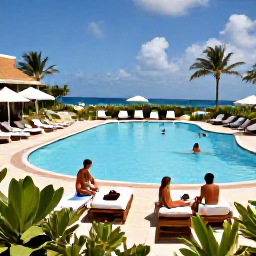 Caribbean Holidays, Aruba Adults Only, Aruba adults-only resort pool with loungers, tropical planting and guests enjoying a sunny July afternoon