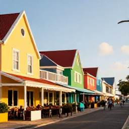 Caribbean Holidays, Aruba Adults Only, Colourful Oranjestad street in Aruba with Dutch Caribbean architecture, caf&eacute;s and visitors exploring in warm sunshine