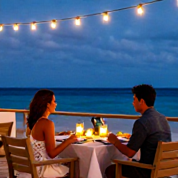 Caribbean Holidays, Aruba Adults Only, Couple dining at a beachfront restaurant in Aruba beneath warm string lights, evening sea view and relaxed atmosphere