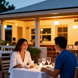 Caribbean Holidays, Aruba Adults Only, Couple dining outdoors at a relaxed restaurant in Oranjestad, Aruba, during a warm evening