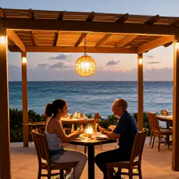 Caribbean Holidays, Aruba Adults Only, Couple dining outdoors at an intimate beachfront restaurant in Aruba at dusk, warm lights and calm Caribbean sea