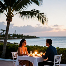 Caribbean Holidays, Aruba Adults Only, Couple enjoying a quiet candlelit dinner beside the sea in Aruba, with warm evening lighting and palm trees