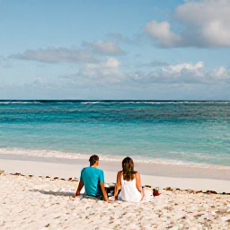 Caribbean Holidays, Aruba Adults Only, Couple relaxing on a quiet white-sand beach in Aruba beneath soft November sunshine, turquoise sea and gentle trade winds