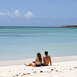 Caribbean Holidays, Aruba Adults Only, Couple relaxing on a quiet white-sand beach in Aruba beside calm turquoise water, sunny Caribbean setting
