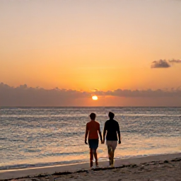 Caribbean Holidays, Aruba Adults Only, Couple walking along Aruba beach at sunset, orange sky, calm sea and relaxed island atmosphere