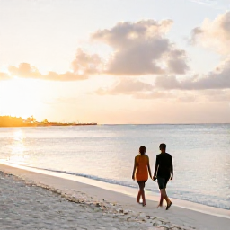 Caribbean Holidays, Aruba Adults Only, Couple walking along Eagle Beach in Aruba at sunset, soft golden light, white sand and calm Caribbean sea
