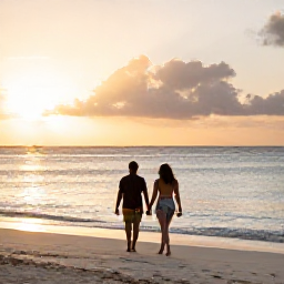 Caribbean Holidays, Aruba Adults Only, Couple walking along Eagle Beach in Aruba at sunset, with calm sea and soft golden light