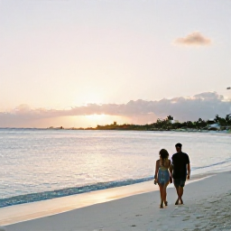 Caribbean Holidays, Aruba Adults Only, Couple walking along Eagle Beach in Aruba at sunset, with soft golden light, calm water and white sand