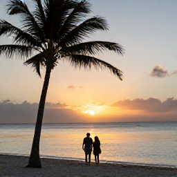 Caribbean Holidays, Aruba Adults Only, Couple walking along Palm Beach in Aruba at sunset, calm sea, golden light and colourful evening sky