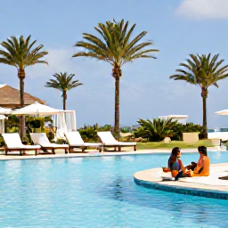 Caribbean Holidays, Aruba Adults Only, Elegant adults-only resort in Aruba with a swimming pool, palm trees, sun loungers and a couple enjoying a quiet afternoon