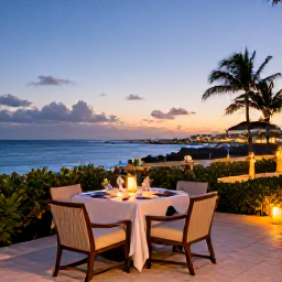 Caribbean Holidays, Aruba Adults Only, Elegant Aruba adults-only resort terrace with dinner for two, candles and tropical evening views