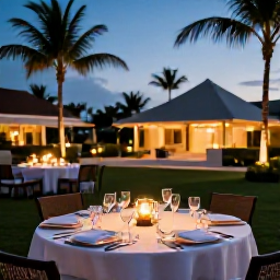 Caribbean Holidays, Aruba Adults Only, Elegant outdoor dinner at an adults-only resort in Aruba, table setting, palm trees and warm evening lighting