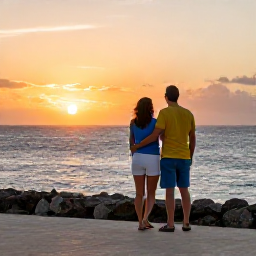 Caribbean Holidays, Aruba Adults Only June, Happy couple watching an orange sunset over the Caribbean Sea from an adults-only resort in Aruba