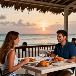 Caribbean Holidays, Aruba Adults Only May, Couple dining at an atmospheric beachfront restaurant in Aruba, with fresh seafood and sunset views