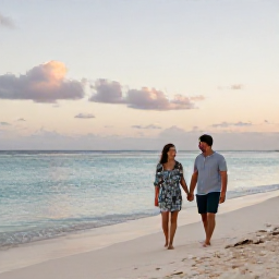 Caribbean Holidays, Aruba Adults Only May, Couple walking hand in hand along an Aruba beach at dusk with calm sea and soft evening light