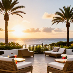 Caribbean Holidays, Aruba Adults Only May, Elegant adults-only resort terrace in Aruba at sunset, with cocktails, palm trees and the Caribbean horizon