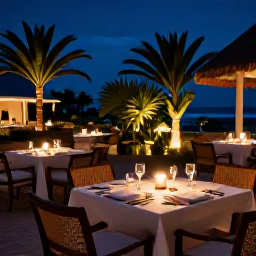 Caribbean Holidays, Aruba Adults Only, Outdoor dinner at an elegant adults-only Aruba resort, softly lit tables, tropical plants and relaxed evening atmosphere