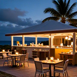 Caribbean Holidays, Aruba Adults Only, Outdoor seafood restaurant in Aruba at dusk, tables lit warmly, tropical surroundings and a relaxed holiday atmosphere