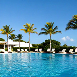 Caribbean Holidays, Aruba Adults Only, Quiet Aruba resort pool with palm trees, comfortable loungers and clear blue sky in August