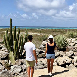 Caribbean Holidays, Aruba Adults Only, Travellers exploring Aruba&rsquo;s rugged Arikok National Park with cacti, rocky landscape and a distant turquoise coastline