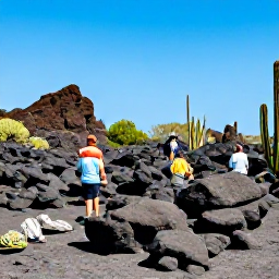 Caribbean Holidays, Aruba Adults Only, Visitors exploring Arikok National Park in Aruba, rugged volcanic landscape, cacti and bright blue sky