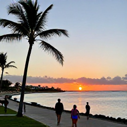 Caribbean Holidays, Aruba Adults Only, Visitors walking along Palm Beach in Aruba at sunset with calm sea and colourful sky