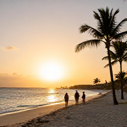 Caribbean Holidays, Aruba Adventure, A golden sunset over Eagle Beach in Aruba, with palm trees, calm sea and travellers enjoying an evening walk