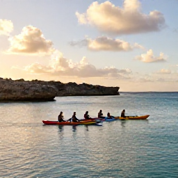 Caribbean Holidays, Aruba Adventure, A group kayaking through calm turquoise water along Aruba's rocky coastline in warm evening light