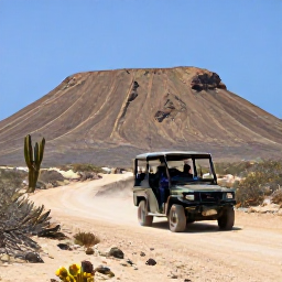Caribbean Holidays, Aruba Adventure, A guided four-wheel-drive vehicle crossing Aruba's dusty desert landscape beside cacti and dramatic rocky hills