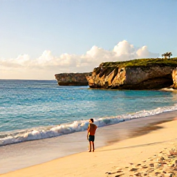 Caribbean Holidays, Aruba Adventure, A sunny January morning on Aruba's rugged north coast, with turquoise sea, golden sand and a lone traveller exploring the shoreline