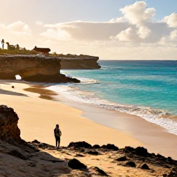Caribbean Holidays, Aruba Adventure, Bright January morning on Aruba&rsquo;s rugged north coast, with turquoise sea, golden sand and travellers exploring the landscape