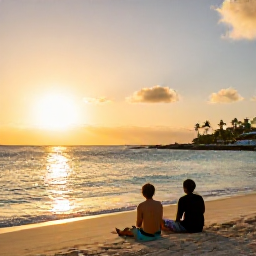 Caribbean Holidays, Aruba Adventure, Couple relaxing on an Aruba beach after an active day, with golden sunset, calm turquoise sea and palm trees