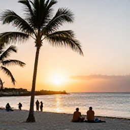 Caribbean Holidays, Aruba Adventure, Golden Aruba beach at sunset with palm trees, calm sea and travellers relaxing after an adventurous day
