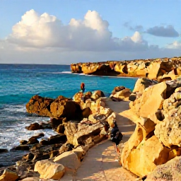 Caribbean Holidays, Aruba Adventure Holidays, A bright February morning on Aruba's rugged north coast, with turquoise sea, golden rocks and a lone hiker following a coastal trail