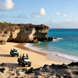 Caribbean Holidays, Aruba Adventure Holidays, A bright November morning on Aruba&rsquo;s rugged northern coastline, with turquoise sea, golden sand and travellers exploring by jeep