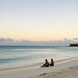 Caribbean Holidays, Aruba Adventure Holidays, A couple relaxing beside a quiet Aruba beach at dusk, with calm turquoise water, pale sand and a soft tropical sunset