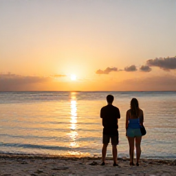 Caribbean Holidays, Aruba Adventure Holidays, A couple watching a golden sunset beside the calm Aruba sea after an active day of exploring