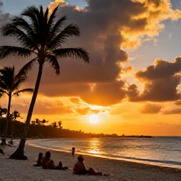 Caribbean Holidays, Aruba Adventure Holidays, A dramatic sunset over Eagle Beach in Aruba, with palm trees, calm water and visitors relaxing on the sand
