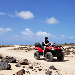 Caribbean Holidays, Aruba Adventure Holidays, A four-wheel-drive vehicle travelling across Aruba&rsquo;s rocky desert terrain beneath a bright blue sky