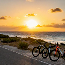 Caribbean Holidays, Aruba Adventure Holidays, A golden sunset over Aruba with mountain bikes resting near a coastal track and the sea in the background