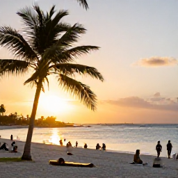 Caribbean Holidays, Aruba Adventure Holidays, A golden sunset over Eagle Beach in Aruba, with palm trees, calm sea and visitors enjoying a relaxed evening