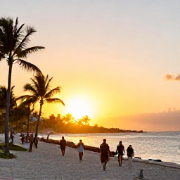 Caribbean Holidays, Aruba Adventure Holidays, A golden sunset over Palm Beach in Aruba with travellers walking along the shore