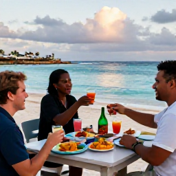 Caribbean Holidays, Aruba Adventure Holidays, A relaxed evening in Aruba with travellers enjoying local food and drinks near a beach after an adventurous day