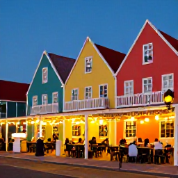 Caribbean Holidays, Aruba Adventure Holidays, A relaxed evening in Oranjestad, Aruba, with colourful Dutch Caribbean buildings, outdoor dining and warm festive lights