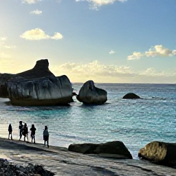 Caribbean Holidays, Aruba Adventure Holidays, A rugged Aruba coastline at sunrise with turquoise sea, wind-shaped rocks and a small group of hikers exploring the shore